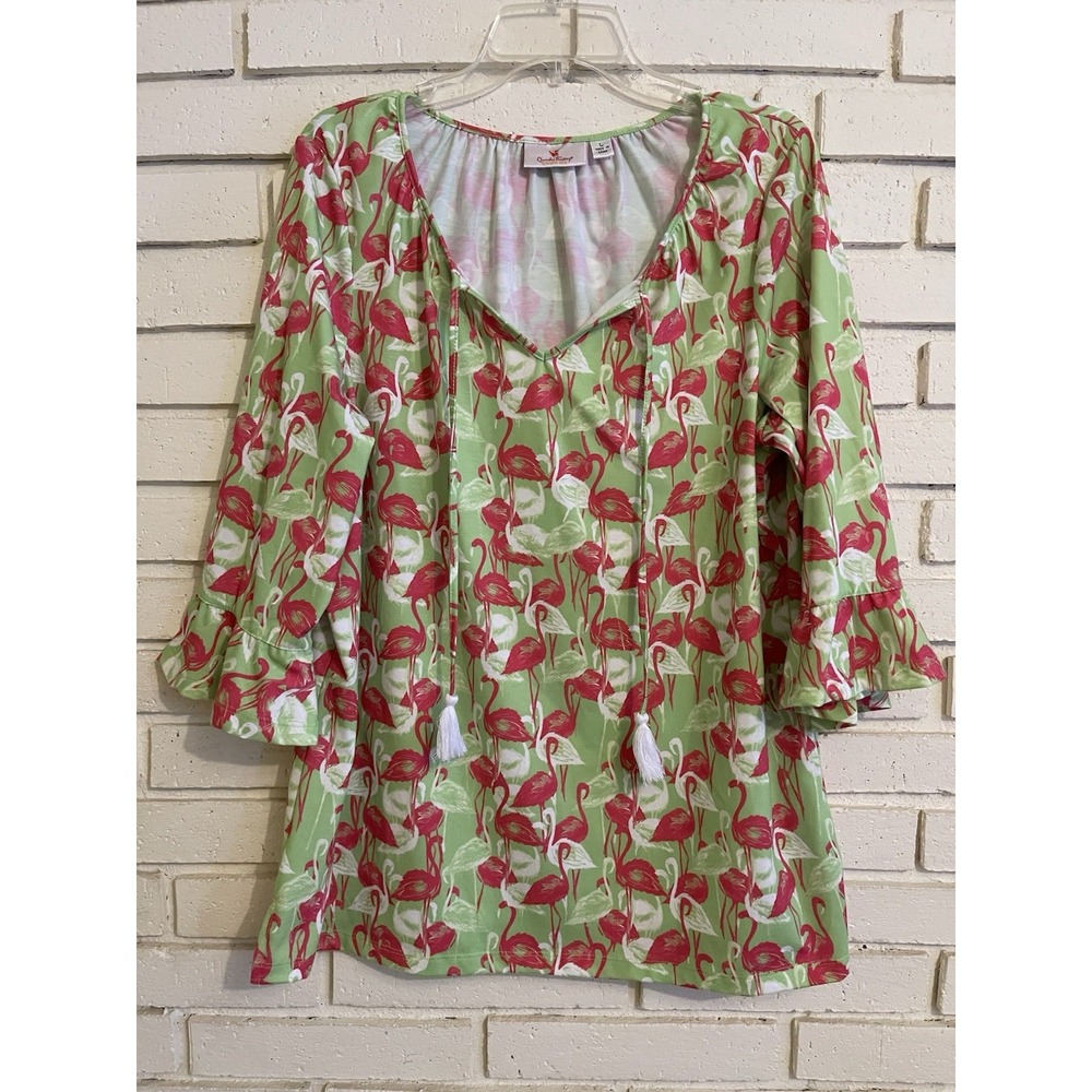 Quacker Factory Top Sz Lg Green Flamingo Print Tasseled 3/4 Sleeve Pullover